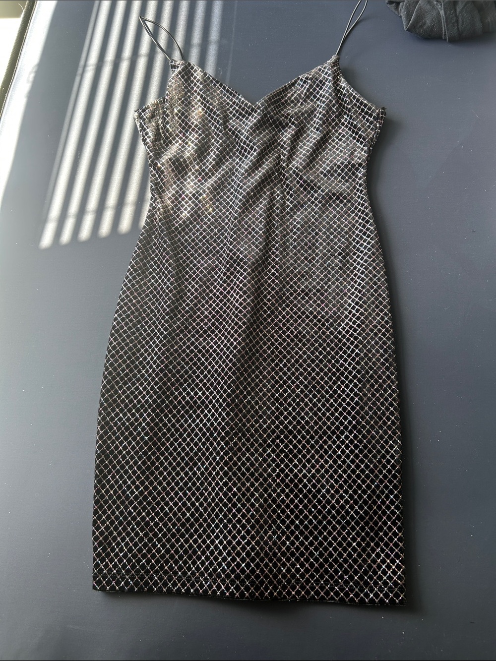 B Darlin Black Slip Dress with Silver Grid Detail